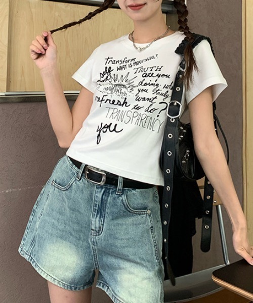 人気が高い プリントロゴ tシャツ Sibra 半袖Tシャツ ショート丈 韓国風 トップス