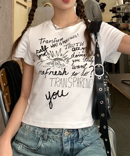 【税込?送料無料】 tシャツ Sibra プリントロゴ ショート丈 韓国風 半袖Tシャツ トップス