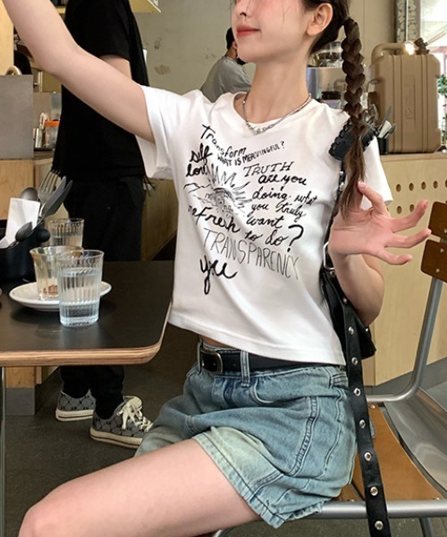 Sibra tシャツ プリントロゴ 半袖Tシャツ 韓国風 ショート丈