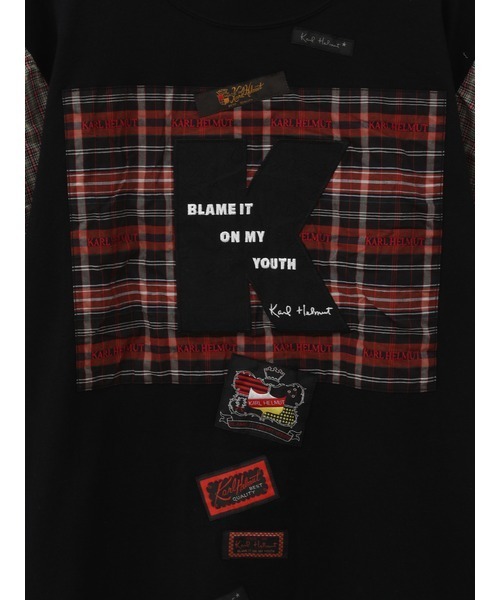 Karl Helmut / ブロックチェックワッペンシャツ  黒Ｘグレー O-24-04-30-1087-EL-BL-SA-ZT407 オリジナルチェックパッチワークシャツブラウス｜ピンクハウス