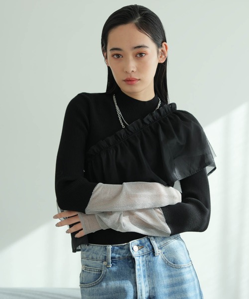 チュールフリル×シアーカフスリブニットセット レディース