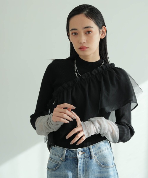 LADYMADE（レディメイド） チュールフリル×シアーカフスリブニット