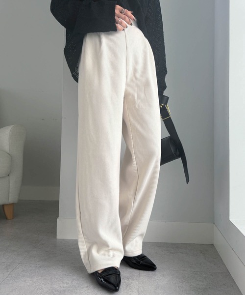 RANAN（ラナン） パンツ 裏起毛ニットコール2タックワイドパンツ