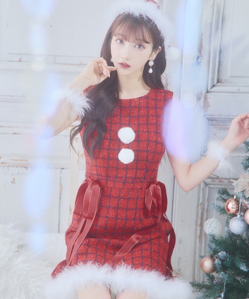 sugae nine ツイード　サンタ　コスプレ ツイードミディアムタイトワンピースサンタコスプレ【サンタコス 5点