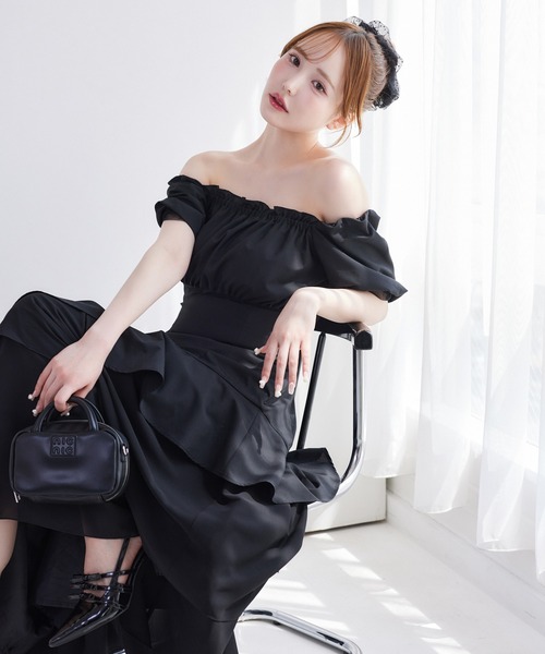 NICE NICECLAUP イレヘムティアードロングワンピース　黒 Black collection】イレヘムティアードロングワンピース