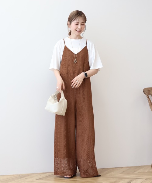 AMERI ベージュ レース付きサロペット AMERI ベージュ レース付きサロペット