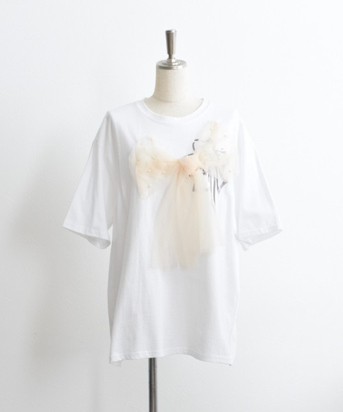 tシャツ チュールリボン×箔プリントチュニックTシャツ レディース