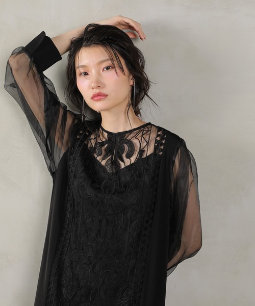 【kana】2way デザインスリーブ Iライン ベアスタイル ワンピース Kana ドレス バロック風レースデザイン シアー スリーブ
