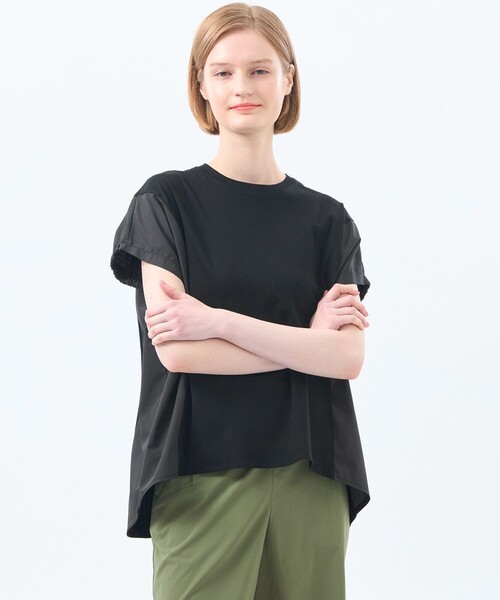tシャツ ギャザースリーブコンビカットソー レディース