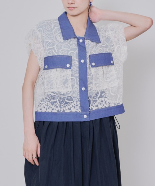 ブラウス シャツ 「ZOZO限定商品」レース×デニムバルーンスリーブシャツ レディース
