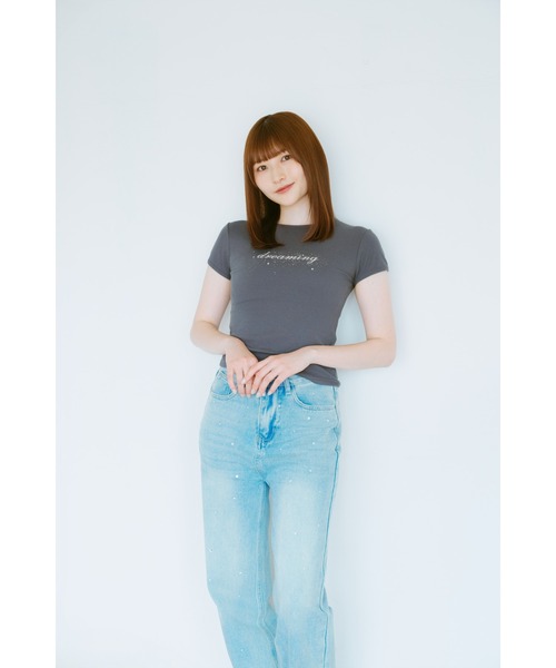 Sweeml tシャツ くすみカラープリント半袖リブTシャツ