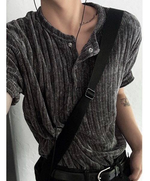 COSYHARU tシャツ ベロアリブヘンリーネック半袖Tシャツ メンズ