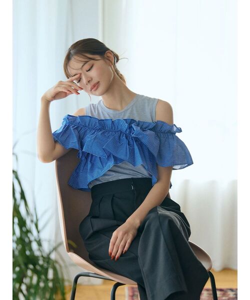 青いフリルトップス TONAL（トーナル） tシャツ マルチWAYフリルトップス レディース