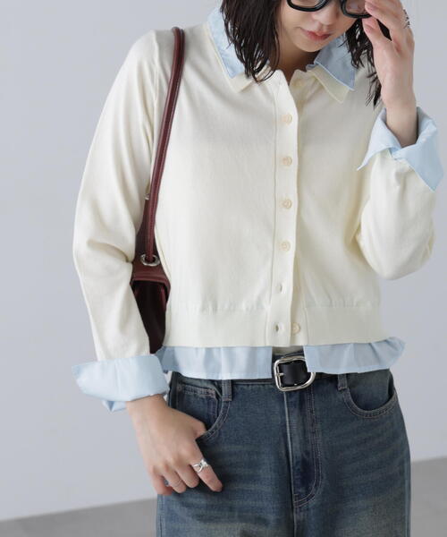 カーディガン レディース トップス フェイクレイヤード フェイクツーピース ワンサイズ フリーサイズ カーキ グレー 灰色 大人カラー くすみカラー 秋カラー 無地 ストライプ 襟付き テーラードカラー ボタン 秋 冬 長袖 ミドル丈 ショート丈 ゆったり ゆる ルーズ フェミニン FREE'S MART（フリーズマート） ニット セーター シャツフェイク