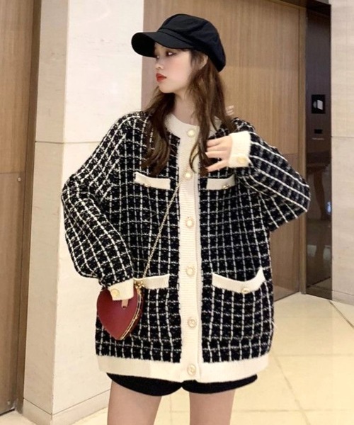 ヴィンテージ チェック レトロ アートパターン ニット カーディガン CANVAS+ カーディガン 「CANVAS＋」バイカラーチェックニット