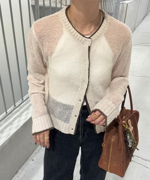 I-SOOK（アイスー） カーディガン バイカラーシアーモヘアカーディガン