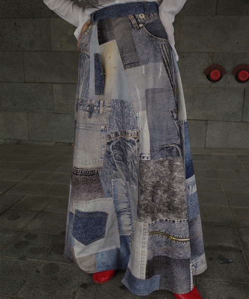 Ameri（アメリ） デニムスカート DENIM PATCHWORK PRINT SKIRT