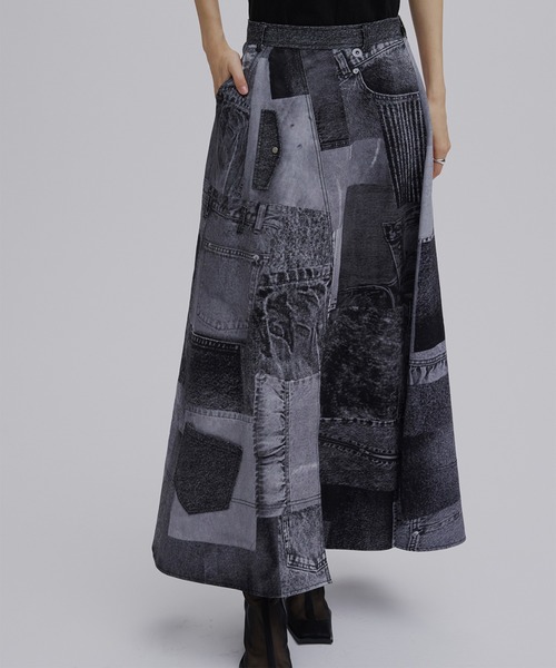 Ameri（アメリ） デニムスカート DENIM PATCHWORK PRINT SKIRT