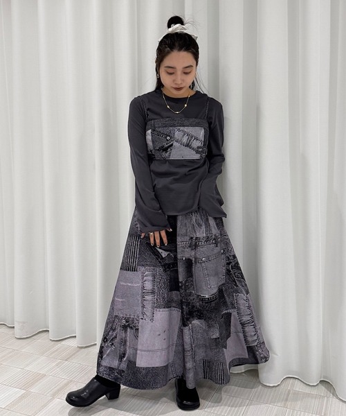 Ameri（アメリ） デニムスカート DENIM PATCHWORK PRINT SKIRT