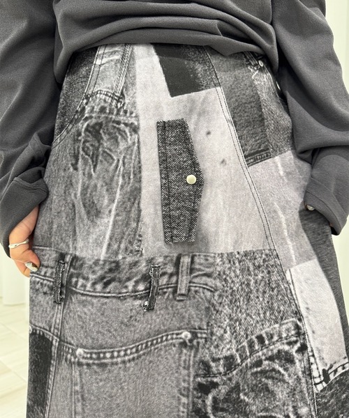 スカート DENIM PATCHWORK PRINT SKIRT DENIM PATCHWORK PRINT SKIRT