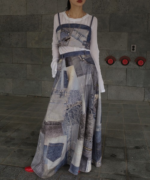 スカート DENIM PATCHWORK PRINT SKIRT DENIM PATCHWORK PRINT SKIRT