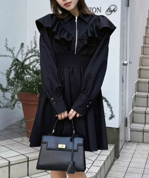 rienda（リエンダ） シャツワンピース フロントジップフリルミニシャツ