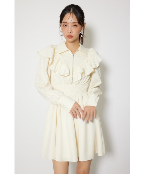nude vintage ヨーロッパフリル付きホワイトシャツワンピース rienda（リエンダ） シャツワンピース フロントジップフリルミニシャツ