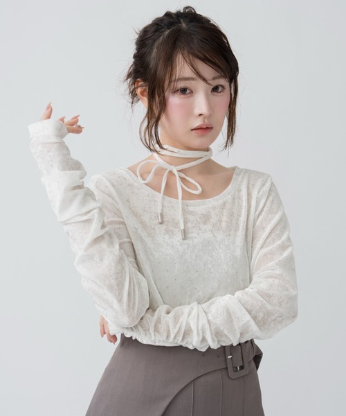 mellowneon（メロウネオン） tシャツ シアーベロアビジュートップス