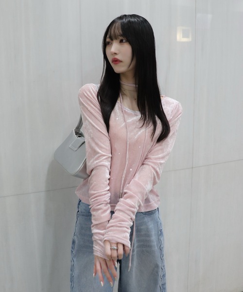 mellowneon（メロウネオン） tシャツ シアーベロアビジュートップス