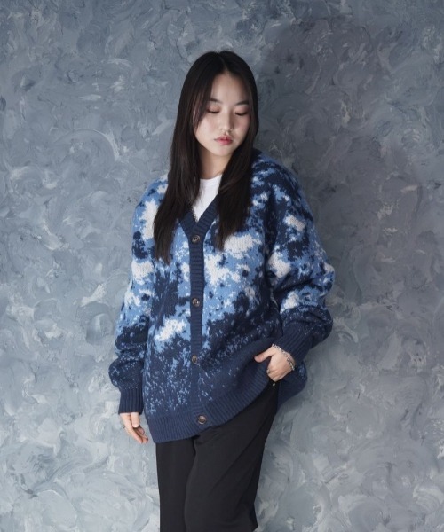 専用★新品　ハグオーワー　リーフ透かし柄ニットカーディガン　春　ネイビー NOIZY カーディガン Abstract Shaggy Cardigan / 総柄 シャギーニット