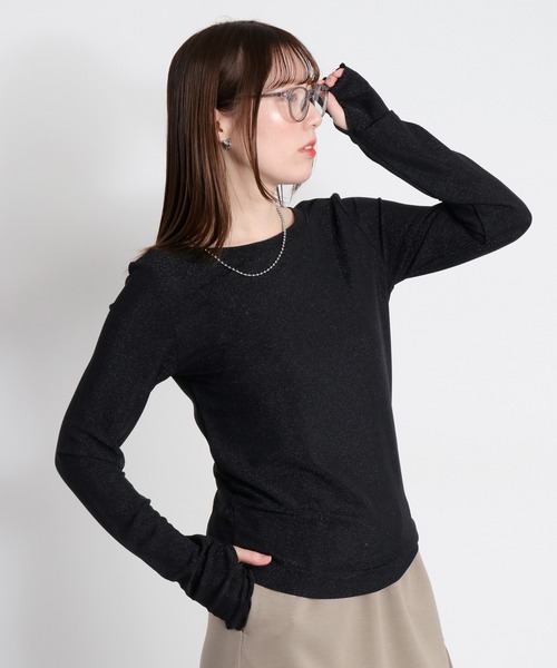 PUTUMAYO 猫 タートル カットソー 長袖トップス プルオーバー 黒 ラメ cepo（セポ） tシャツ ラメフィンガーホールロングスリーブカットソー