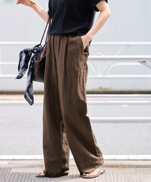 ワイドパンツ スラックス パンツ リネンレーヨンイージーパンツ レディースの画像
