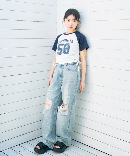 ワイドパンツ パンツ 「LTXC/接触冷感」ダメージデニムワイドパンツ キッズ 子供服 女の子の画像