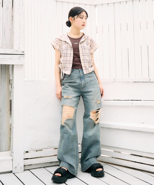 ワイドパンツ パンツ 「LTXC/接触冷感」ダメージデニムワイドパンツ キッズ 子供服 女の子の画像