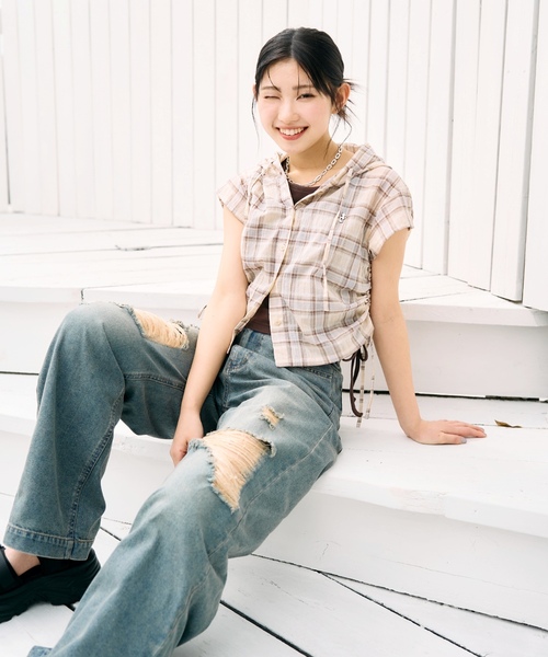 ワイドパンツ パンツ 「LTXC/接触冷感」ダメージデニムワイドパンツ キッズ 子供服 女の子の画像