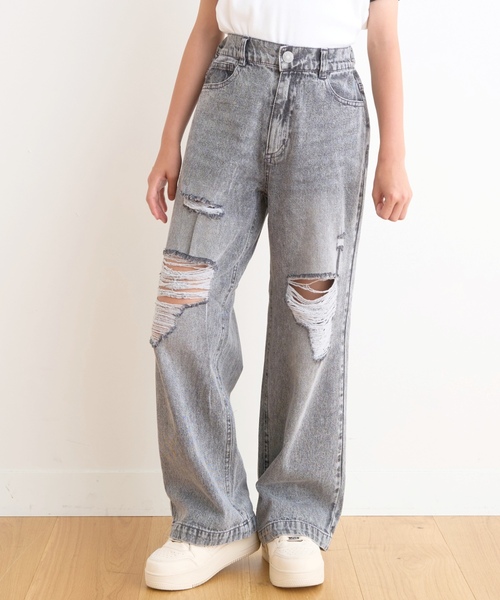 ワイドパンツ パンツ 「LTXC/接触冷感」ダメージデニムワイドパンツ キッズ 子供服 女の子の画像