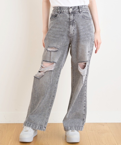 ワイドパンツ パンツ 「LTXC/接触冷感」ダメージデニムワイドパンツ キッズ 子供服 女の子の画像