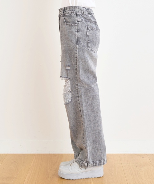 ワイドパンツ パンツ 「LTXC/接触冷感」ダメージデニムワイドパンツ キッズ 子供服 女の子の画像