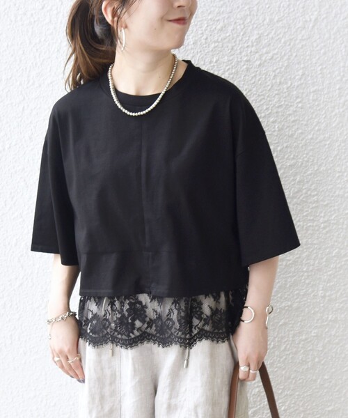 SHIPS any tシャツ 「洗濯機可能」ジップ レース ヘム ハーフスリーブ 