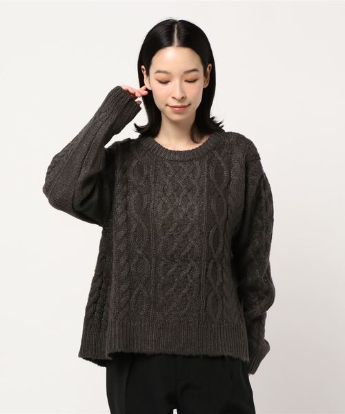 BLACK LABEL ケーブルニット薄手セーター Lace Ladies ニット セーター クルーネック オーバーサイズ