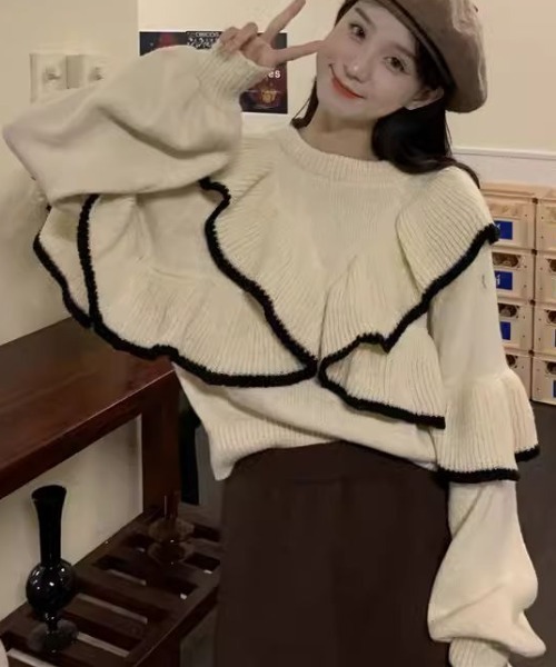 アンティークフリル付きオフホワイトニットカーディガン アンティークフリル付きオフホワイトニットカーディガン アンティーク