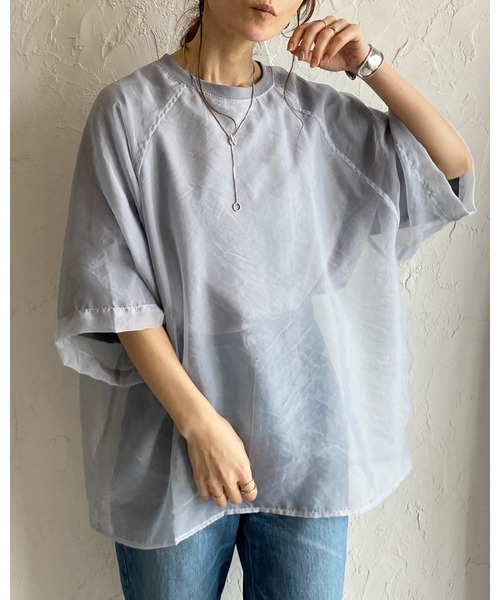レディース 半袖Tシャツ★キルシ★ラグラン袖 LONG SLEEVE She's Closet tシャツ オーガンジー異素材ドッキングラグラン