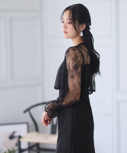 ◆結婚式 パーティー ハートネック シースルー ドレス PourVous ドレス 袖あり＆ミモレ丈 パーティードレス ハート