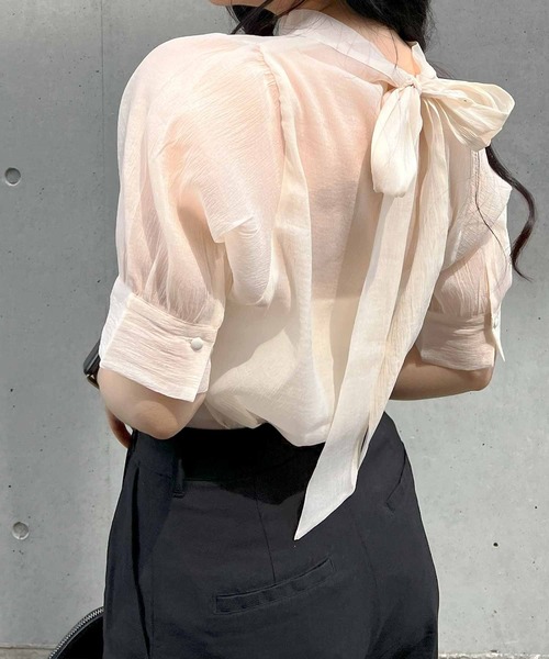 ブラウス シャツ リボン付きシアー半袖ブラウス レディース リボン付きシアー半袖ブラウス[商品：PN24SS-073] - PUNYUS