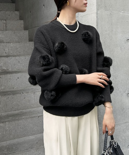 ポポン出品 powder / ぽんぽん使いミックスカラーニット ブルー系 O-25-09