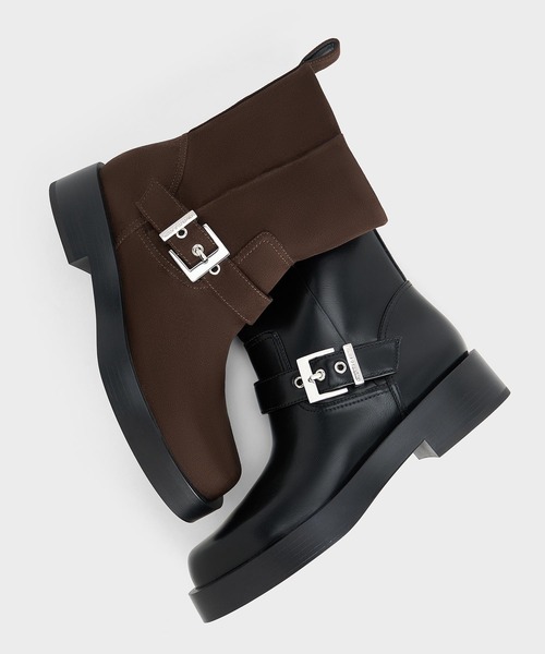 黒 レザー バックル付きブーツ CHARLES ＆ KEITH（チャールズ&キース） ブーツ バックルストラップ
