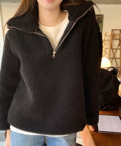 ニット セーター もこもこハーフジップボアトップス レディース