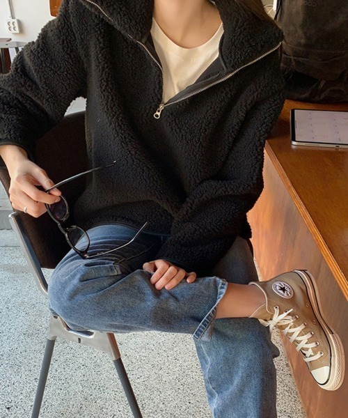 ニット セーター もこもこハーフジップボアトップス レディース