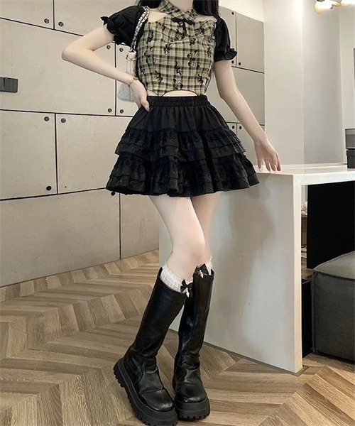 M*️様 ♡シェリエ zip up フレア ミニ スカート セール】【インパン付】フレア レースティアードフリルミニ
