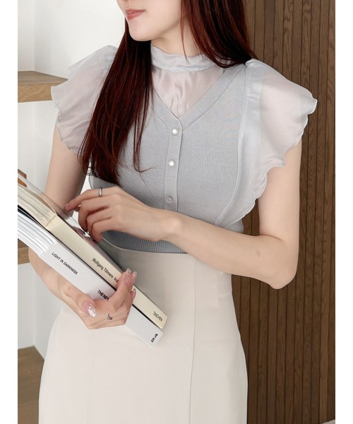 MERCURYDUO 2WAYオーガンジーラッフルリボンニット レディース MERCURYDUO ニット セーター 2WAYオーガンジードッキング